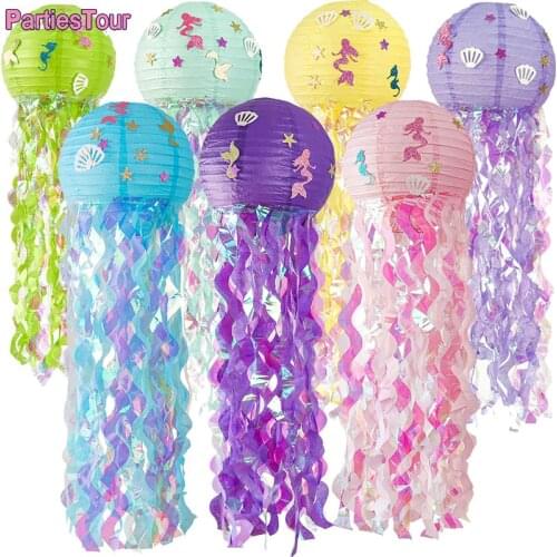 Mermaid Party Decor Mermaid Hanging Jellyfish Paper Lanterns with Mermaid Confetti Stickers Girls Ocean Birthday Wishes Lanter