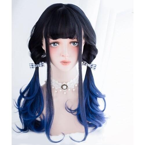 CosplaySalon Lolita Harajuku 55CM Long Wavy Women Black Mixed Blue Ombre Bangs Lady Synthetic Cosplay Wig Halloween