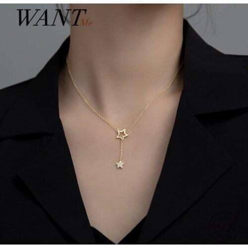 WANTME Real 925 Sterling Silver Fashion Korean Romantic Hollow Star Link Chain Clavicle Necklace for Women Wedding Jewelry Gift
