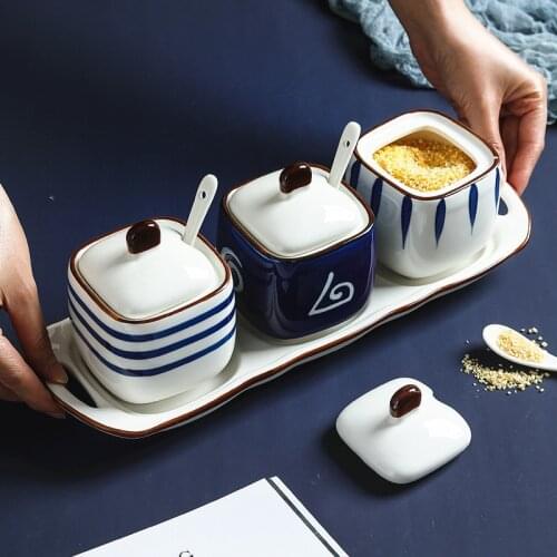 Japanese Style Ceramic Spice Jar with Lid and Spoon Creative Sugar Bowl Salt Pepper Shaker Seasoning Box Vinegar Pot Oil Bottle