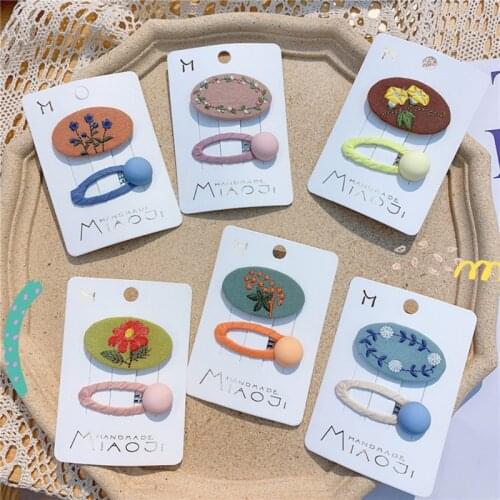 2PCS Lot New Korean Flower Button Cloth Embroidery Hairpin Ellipse Cute Hair Clip For Girl Child Fashion Barrette Accessories