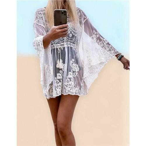 Salida De Bano Playa Mujer 2021 Pareo Beach Cover Ups Womens Swimsuits Summer Sexy Lace Swimwear White Dresses Kaftan Plus Size