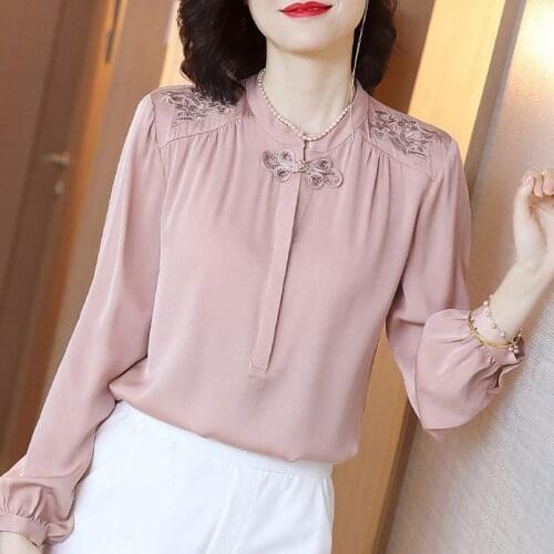 2019 Autumn Spring Women Embroidery Long Sleeve Imitation Silk Shirt Blouse , 2018 Fall Vintage 3xl Blouses Tops for Woman