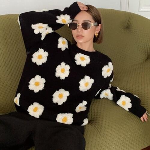 Korean Fashion Floral embroidery Long Pull Femme Sweater Autumn Winter Oversized Full Sleeve Pullover Tops Women Loose Jumpers