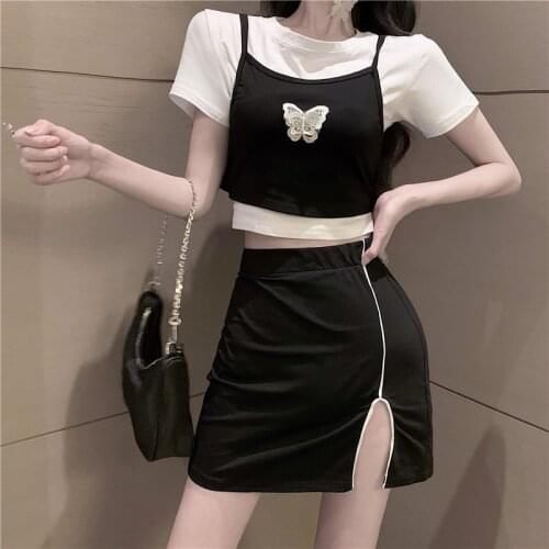 Butterfly Embroidery Short Sets KPOP 3 Piece Set Women Split 2021 Summer New Solid Skirts Sexy Crop Tops Three Piece Set Skirt