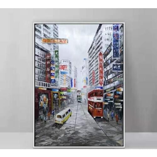 100%Hand Painted Canvas Knife Oil Painting Abstract Hong Kong Trams Street Canvas Painting Wall Art Picture for Home Decoration