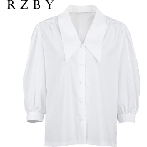 2021 Summer Women Sexy Blouses Deep Turn Down Collar Shirt Button Lantern Mid Sleeve Chemise Femme Fashion Elegant Tops RZBY424