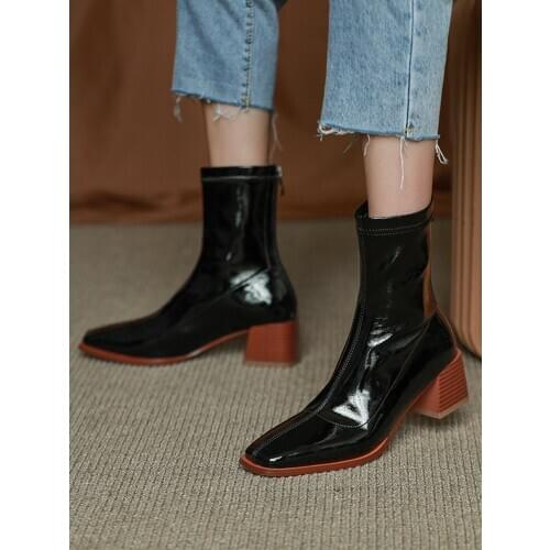 EshtonShero Womens Shoes Patent Leather Spring Winter Zipper Square High Heel Casual Square Toe Ladies Casual Boot Size 3-9