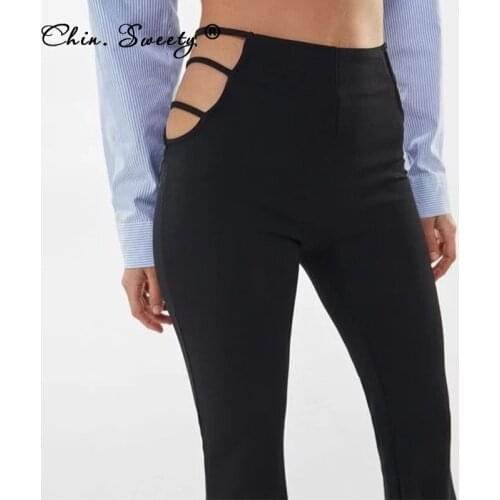 Womens Sexy Elasticity Flare Long Pants 2021 Autumn New Side Waist Hollow Out Slim Trousers Ladies Fashion Club Party Pant