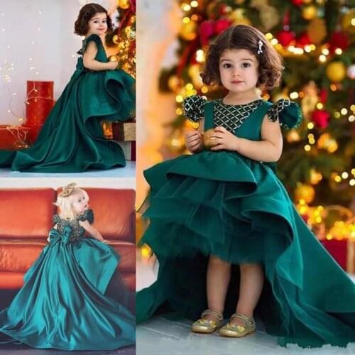 Princess Dresses Cute Todder Girl Green Satin Party Dresses with Big Bow Cap Sleeves Kids Birthday Party Gowns