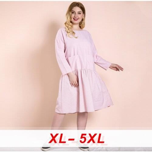 Elegant Striped Dress Woman Casual Plus Size Patchwork Swing O Neck Long Sleeve Oversized Female Pocket Sweet Midi Dresses Women