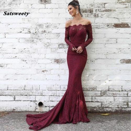 Elegant Burgundy Evening Dresses Long Sleeve Off the Shoulder Lace Formal Dress 2020 Mermaid Prom Gown Robe Soiree Dubai