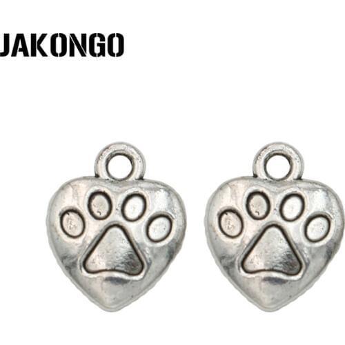 JAKONGO 10PCS Antique Silver Plated Paw Heart Charms Pendants for Jewelry Making Bracelet Accessories DIY Handmade 15x13mm
