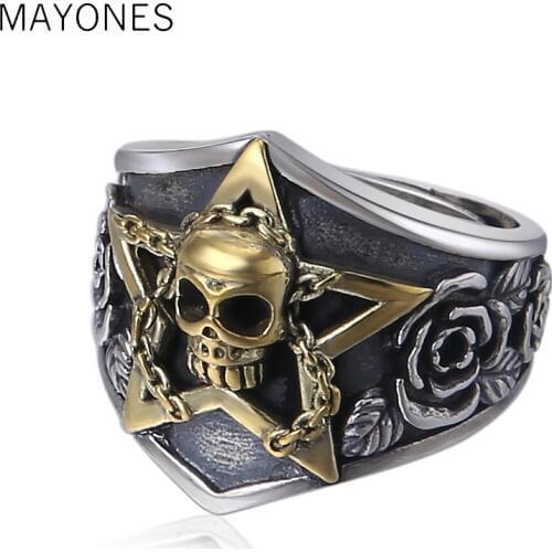 Real Pure 925 Sterling Silver Viking Ring Skull With Pentagram Gothic Punk Rock Rose Flower Carving Resizable For Men and Women
