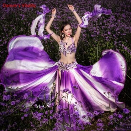 Belly Dance Suit Diamond Bra Gradient Big Swing Skirt Set High-End Custom Adult Child Floating Sleeves Performance Clothing