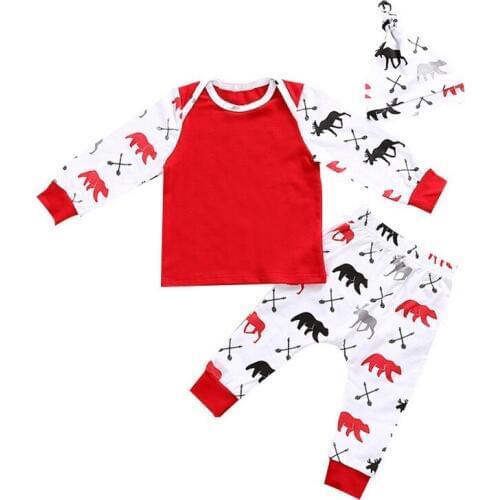 Red Christmas Baby Clothes Suits Newborn T-Shirt Trouser Caps 3-Piece Clothing Set X'MAS Deer Bear Boys Jumpsuit Cotton Pajamas