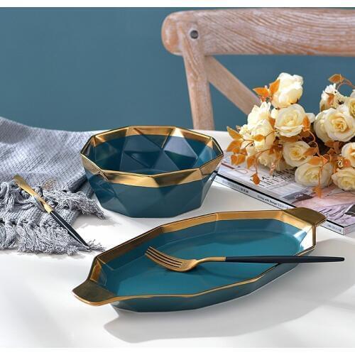 Nordic kitchen creative ceramic dinner plate bowl dark green tableware household plate baking pan household fish plate soup bowl