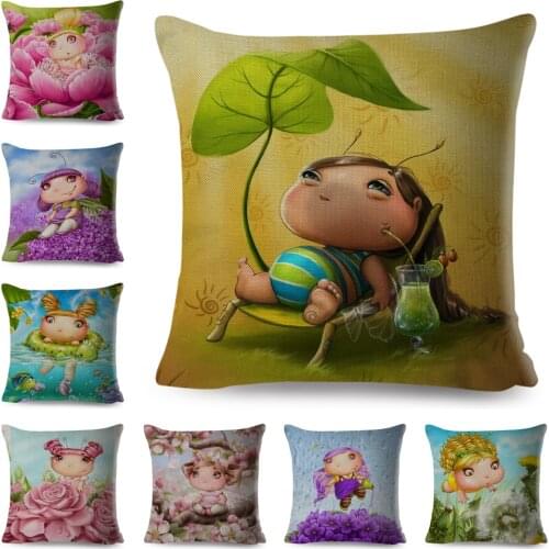 Cute Cartoon Flower Girl Pillowcase Decor Fairy Tale World Pillow Case for Sofa Home Children Room Polyester Cushion Cover 45x45