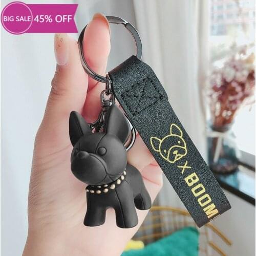 Fashion Punk French Bulldog Keychain PU Leather Dog Keychains for Women Bag Pendant Jewelry Trinket Mens Car Key Ring Key Chain