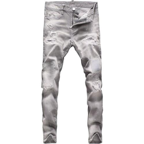 European Street Fashion Men Jeans Retro Light Gray Slim Fit Destroyed Ripped Jeans Men Patches Designer Hip Hop Denim Punk Pants