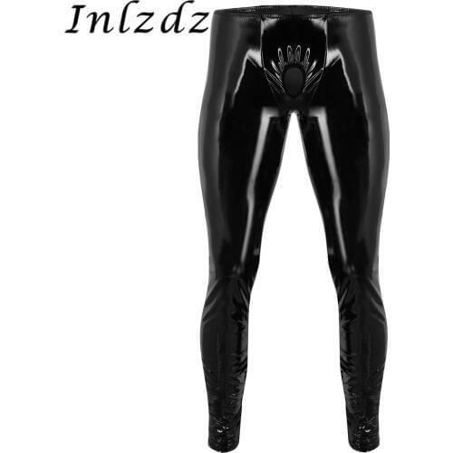 Mens Lingerie Latex Long Pants Shiny Patent Leather Sexy Tight Pants Leggings Trousers with Open Penis Hole Hot Sexy Sex Costume