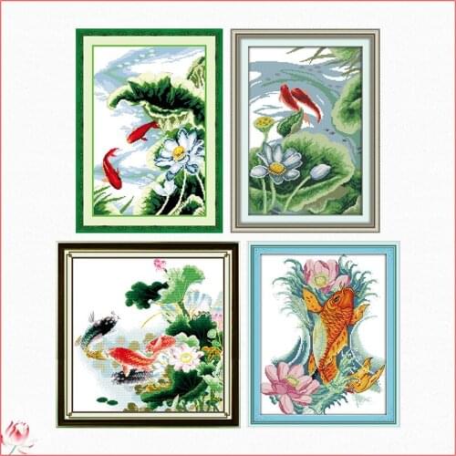Lotus Carps Picture Counting Cross Stitch Kit 14ct 11ct Canvas Printing Embroidery Set DIY Needlework Home Decoration Painting