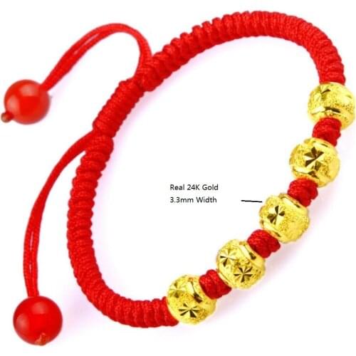 Genuine 24K Yellow Gold 3.3mm 5pcs Faceted Beads Red Cord Bracelet Length from 5" to 15"