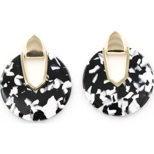 2018 New Fan Shape High Polished Metal Black and White Mix Color Round Resin Stone Big Drop Earings