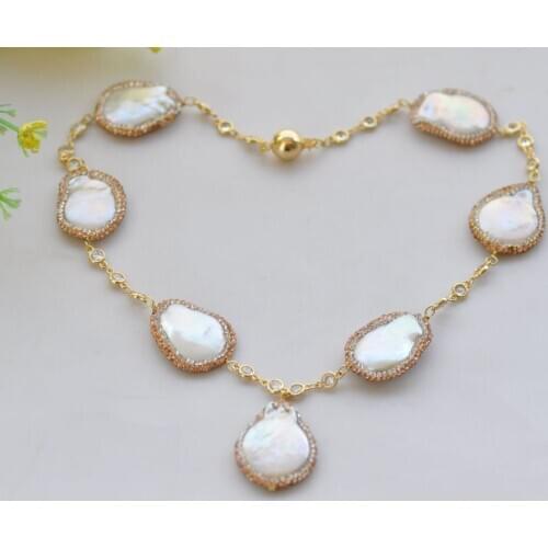 P7648 Handmade 18" 25mm White Coin Pearl CZ Choker Necklace & Pendant