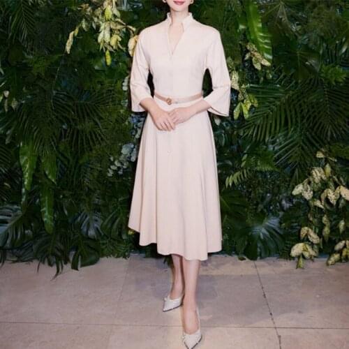 2021 Autumn Dress Fashion Runway New Pink Single Breasted Flare Sleeve with Belt Elegant Party Dresses