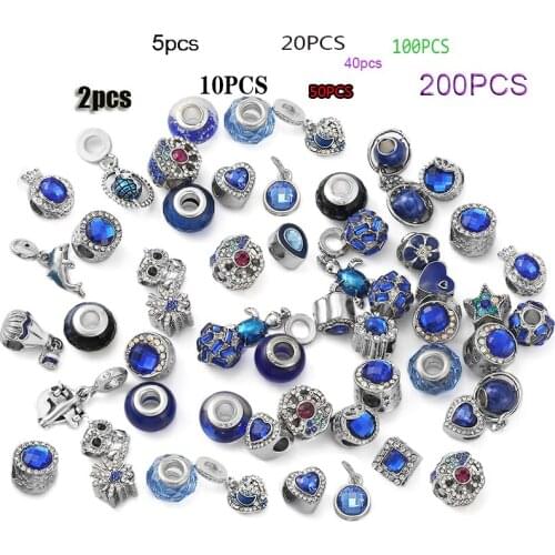 Silver Plated Blue Beads Crystal Charms Fit Brand Europe Bracelet Necklaces For Women Jewelry 1000 Styles Mixed Random Delivery