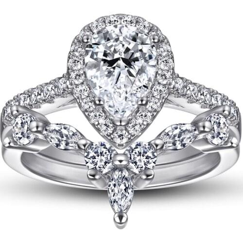 Luxury Women Ring Set Pure 100% 925 Sterling Silver Waterdrop Zircon Rhinestone Wedding Ring Jewelry Accessories Gift For Party