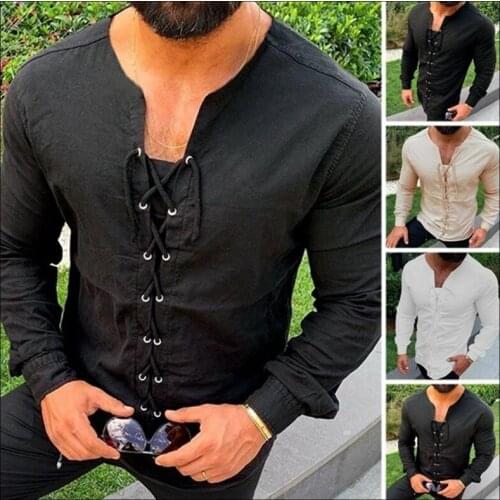 Medieval Shirt Lace-up Men Cotton Shirts Pirate Landlord Knight Tunic Casual Shirt