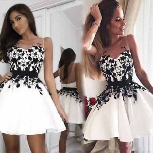Modern Short Homecoming Dresses Amazing Black Appliques Sheer Neck A Line Backless Lace Mini Graduation Cocktail Dres