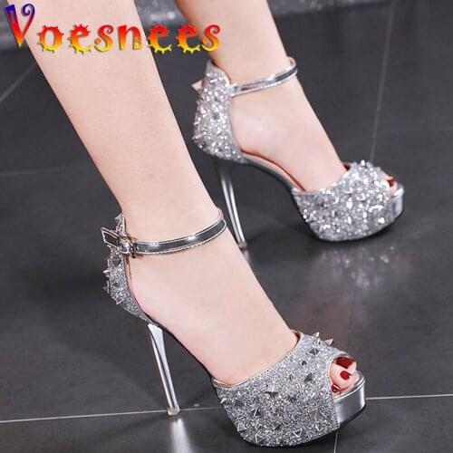 2021 New Women Shoes Stripers High-heeled Platform Fashion Rivet Sequined Stiletto Sandals Peep Toe Buckle Model Catwalk Heels
