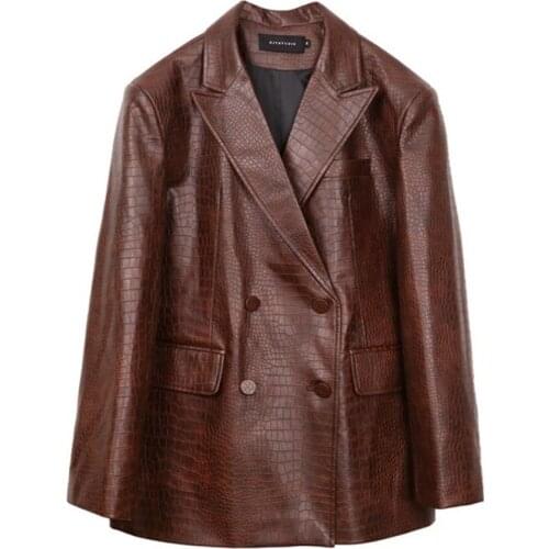 Retro brown coffee color crocodile pattern small suit women handsome casual leather loose double breasted autumn blazer