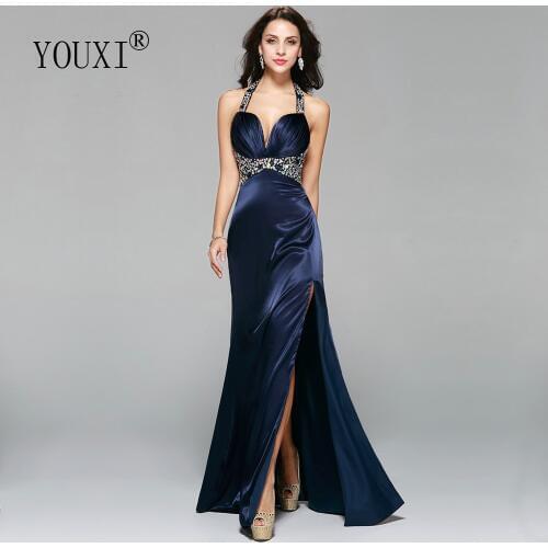 Sexy Halter Navy Blue Long Prom Dresses 2019 Vestido Longo Women A-Line Evening Formal Gowns