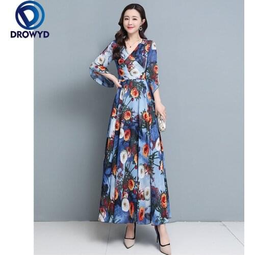 2021 New Summer Beach Dress Fashion Elegant Women Printed Pleated Dress Three Quarter Sleeves V Neck Chiffon Print Party Dresses