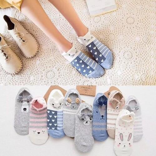 1 Pair Women Socks Cartoon Kawaii Cute Japanese Slippers Korean Style 3D Ear Boat Short Sock Cotton Cat Animal Female Sox
