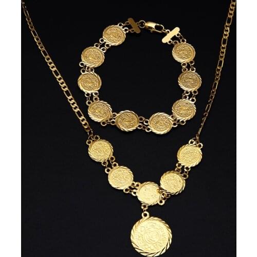24K Gold Color Money Coin Necklace Bracelet Islamic Muslim Arab Coin Jewelry Set