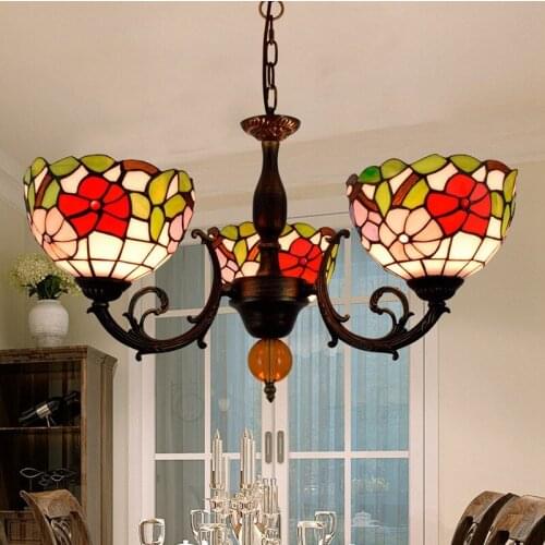 American Pastoral Creative Tiffany Colored Glass Living Room Dining Room Bedroom Bar Red Festive 3-Head Chandelier