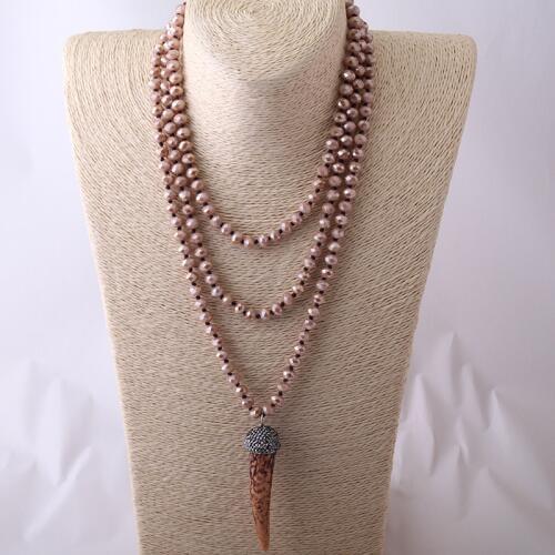 Fashion Bohemian Jewelry long Knotted Halsband Brown Crystal Ox Horn Pendant Necklace Free Shipping