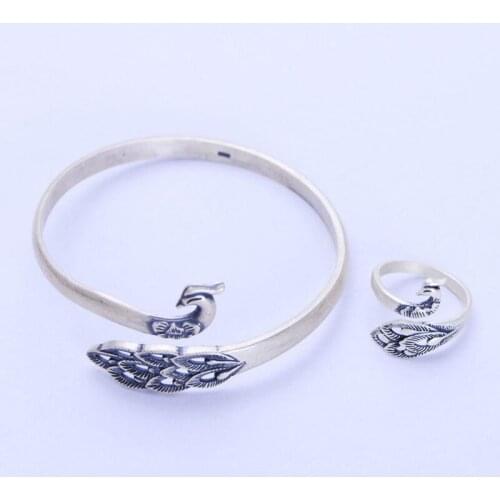 Real S925 Sterling Silver Vintage Frosted Peacock Double Open Ring Bracelet Exquisite Commemorate Party Jewelry