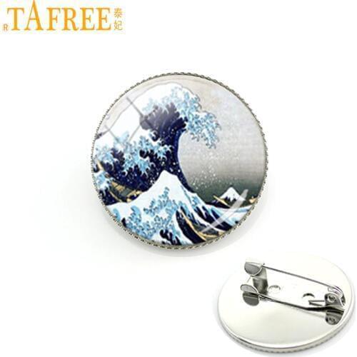 TAFREE Brooch Plated pin Glass Round The Great Wave at Kanagawa Japanese Asian Nautical Ocean Sea Five-pointed star KC188