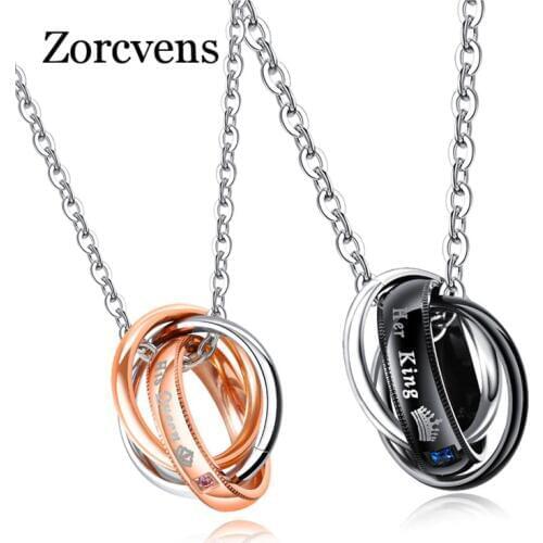 ZORCVENS New Fashion Letter Her King His Queen Hole Pendant Necklace Couple Charm Link Chain Necklace For Women