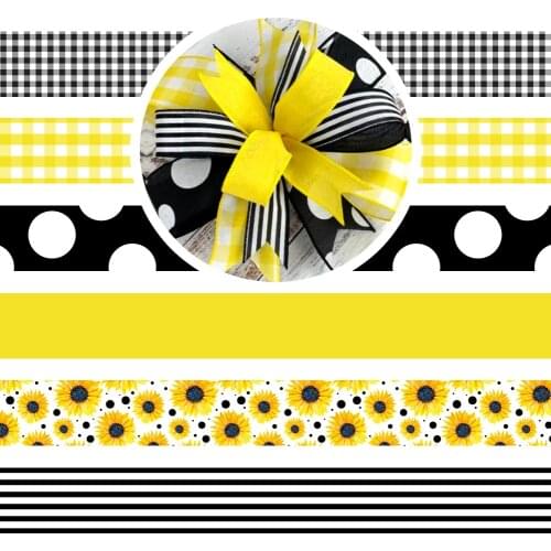 Colorful Sunflower Flower and Stripe Design Printed Grosgrain/satin Ribbon 10 Yards