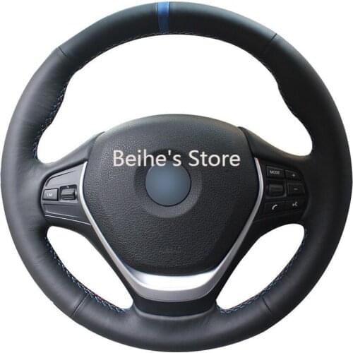 For BMW F30 320i Black Leather Black Suede Hand-stitch Car Steering Wheel Cover