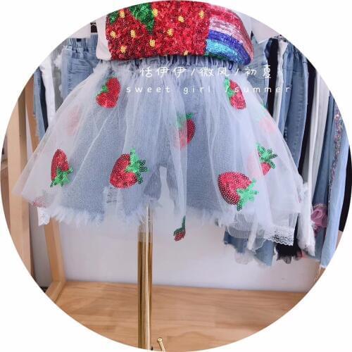 Girls denim skirt summer 2020 new foreign fake two-piece shorts children sequin strawberry skirt