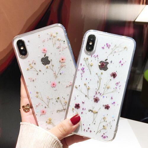 For iPhone 11 12 pro mini X xs max xr 6 6S 7 8 plus se2020 Phone Case Real Flowers Dried Flowers Transparent Soft TPU Cover