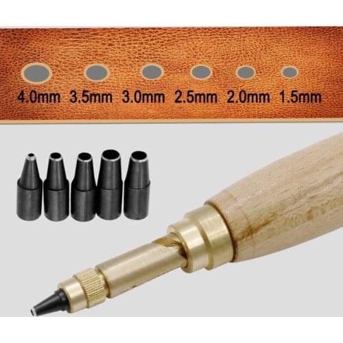 Leather Hole Punch with Wood Handle Heavy Duty Belt Hole Puncher with 6 Different Drills for DIY Collar Bookbinding @LS